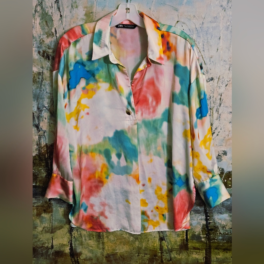 ZARA Tie Die Pastel Watercolor Satin Blouse W's Sz S